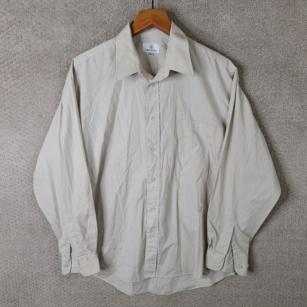 Vintage Cricketeer Shirt Mens 16.5 Beige Button Down Cotton Blend Long Sleeve